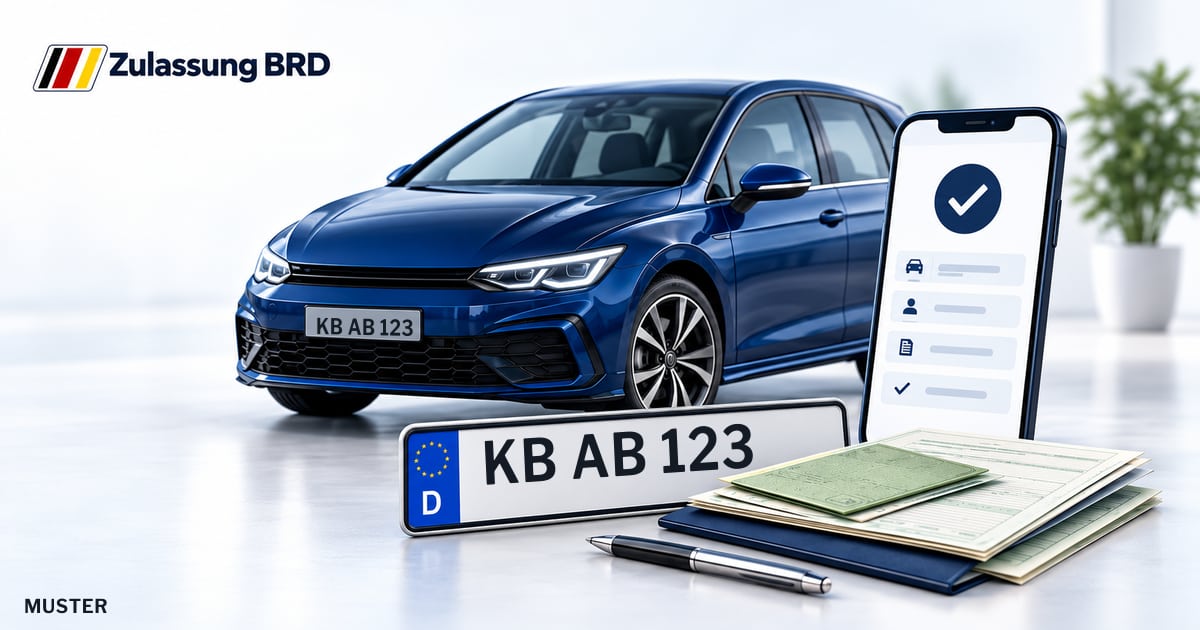 Online Fahrzeugzulassung in Allendorf (Eder): Musterkennzeichen KB AB 123, Auto und Fahrzeugpapiere und Smartphone. Illustration mit Logo von Zulassung BRD.